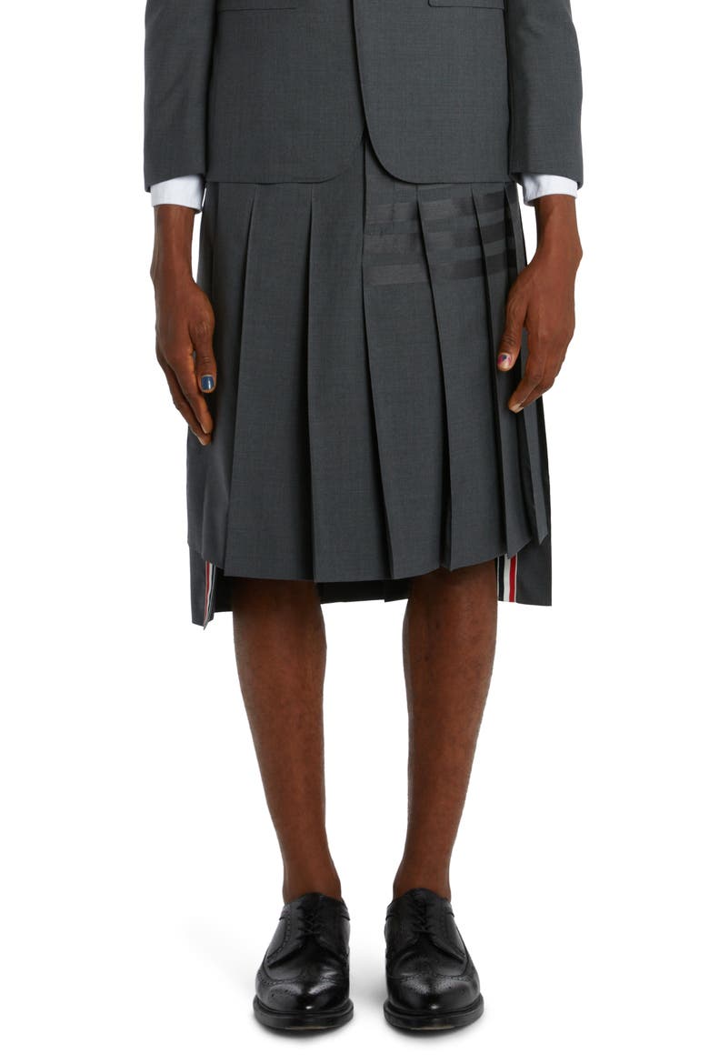 4-Bar Pleated Back Strap High-Low Wool Skirt, Alternate, color, DARK GREY
