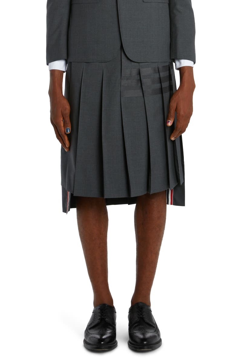 Thom Browne 4-Bar Pleated Back Strap High-Low Wool Skirt, Alternate, color, 