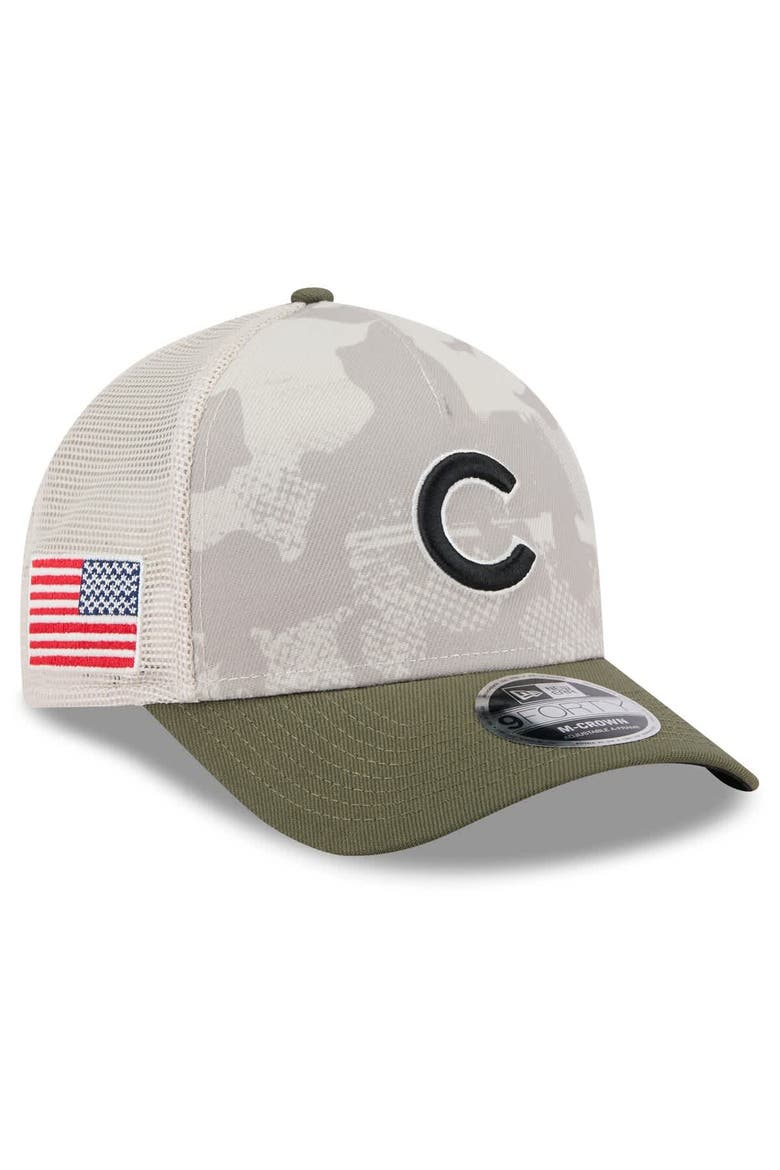 Men's New Era Light Beige/Olive Chicago Cubs 2025 Armed Forces Day 9FORTY M-Crown A-Frame Adjustable Hat, Main, color, Light Beige