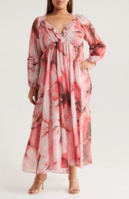 Socialite Metallic Floral Print Long Sleeve Maxi Dress