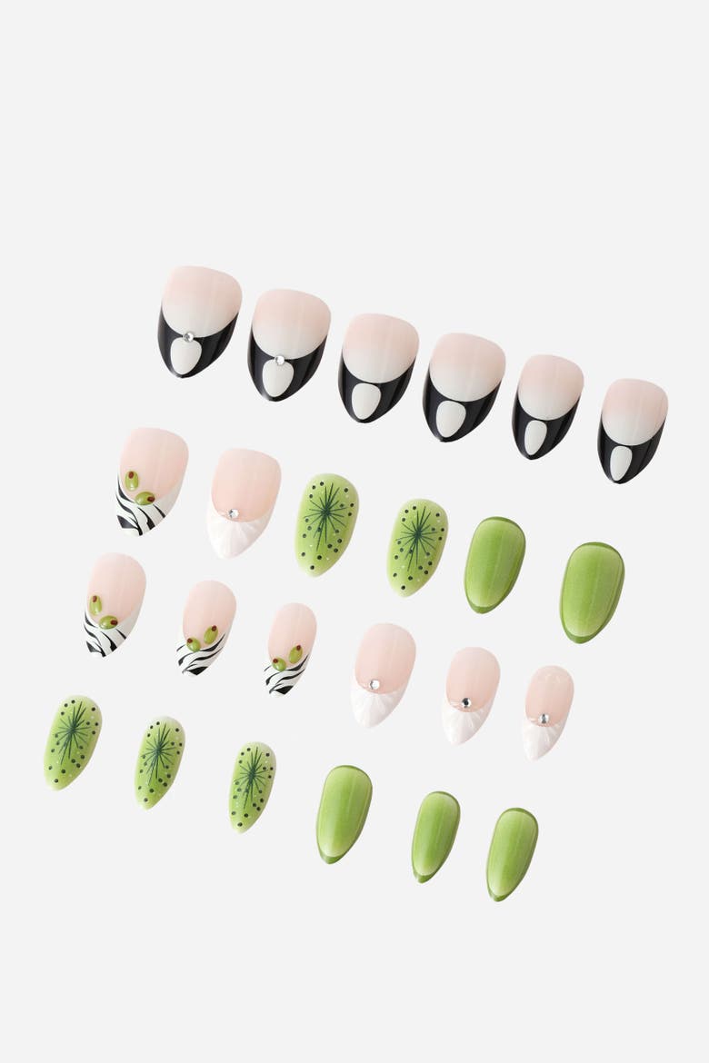 Zebratini Short Almond Press On Nails, Alternate, color, Green