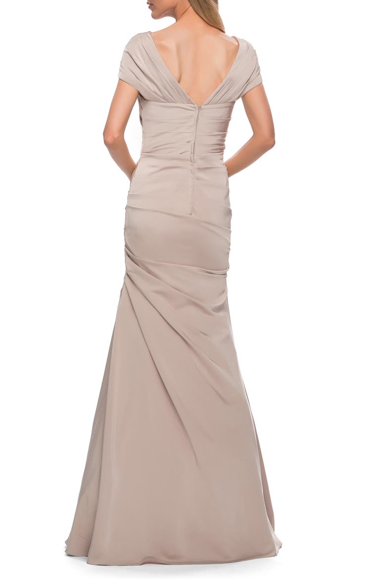 Lovely Ruched Mermaid Satin Gown with Unique Neckline, Alternate, color, NUDE