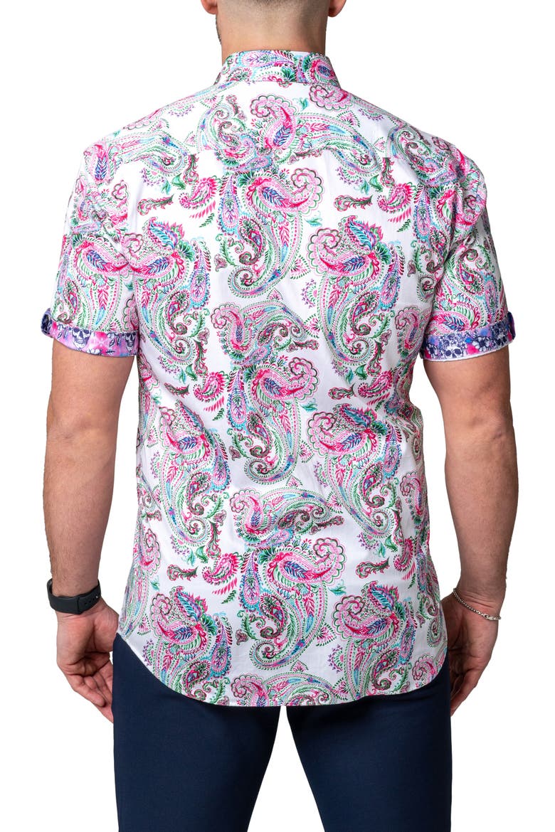 Galileo Paisley Print Short Sleeve Cotton Button-Up Shirt, Alternate, color, WHITE