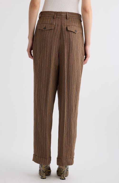 Dries Van Noten Pleated Striped Linen-blend Straight-leg Pants In Camel