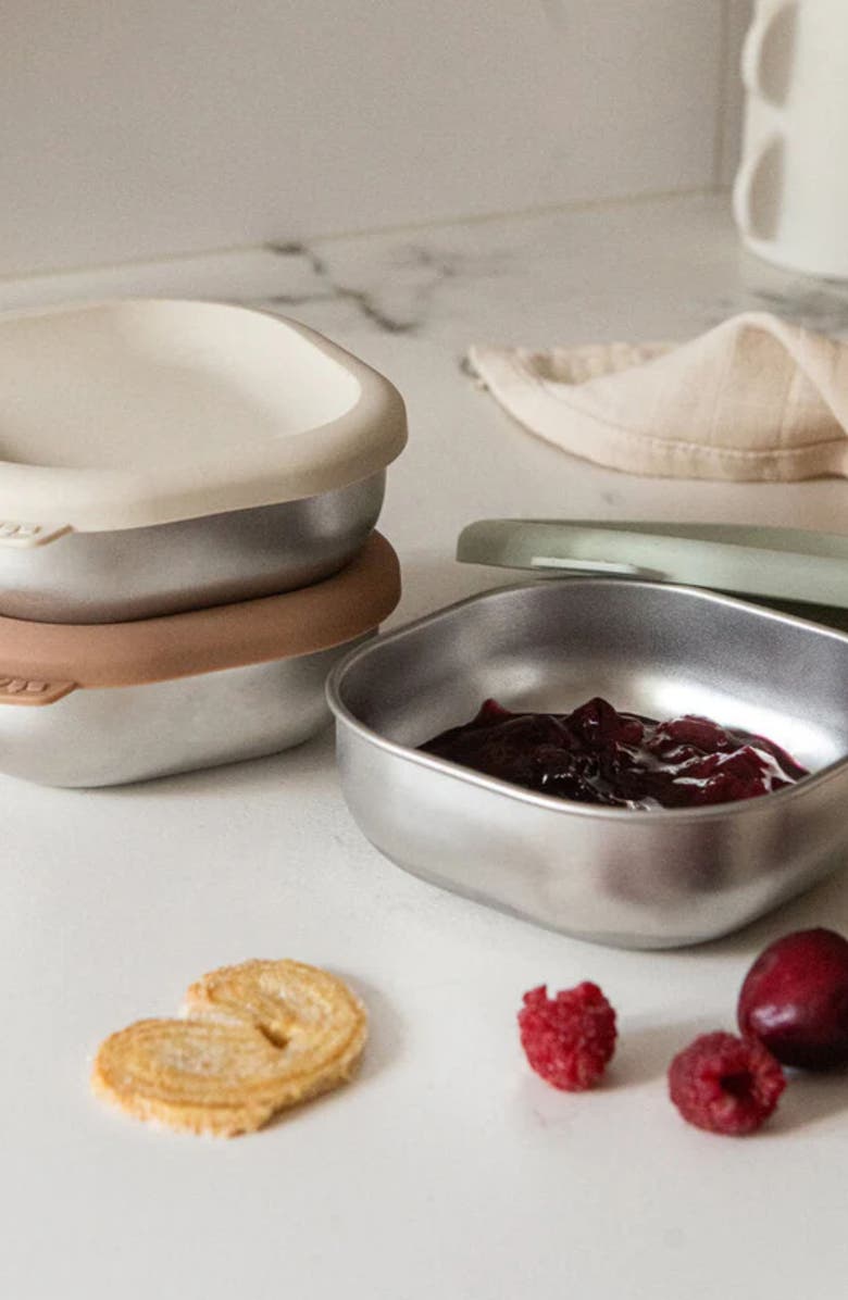 BEABA Set of 3 Microwave-Safe Stainless Steel Baby Bowls with Lids, Alternate, color, Natural