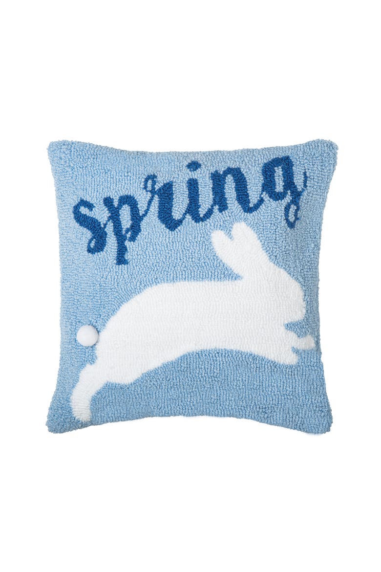 "Spring" Jumping Easter Bunny Rabbit Blue Hooked Accent Throw Pillow 16" x 16", Main, color, Blue