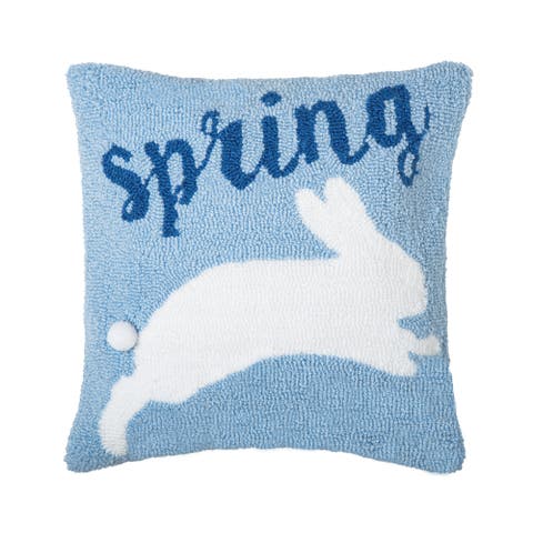 "Spring" Jumping Easter Bunny Rabbit Blue Hooked Accent Throw Pillow 16" x 16"