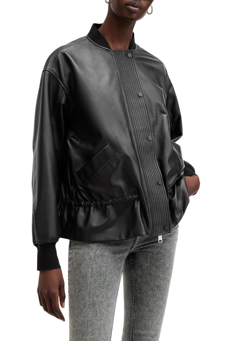 Sofi Leather Bomber Jacket, Main, color, BLACK