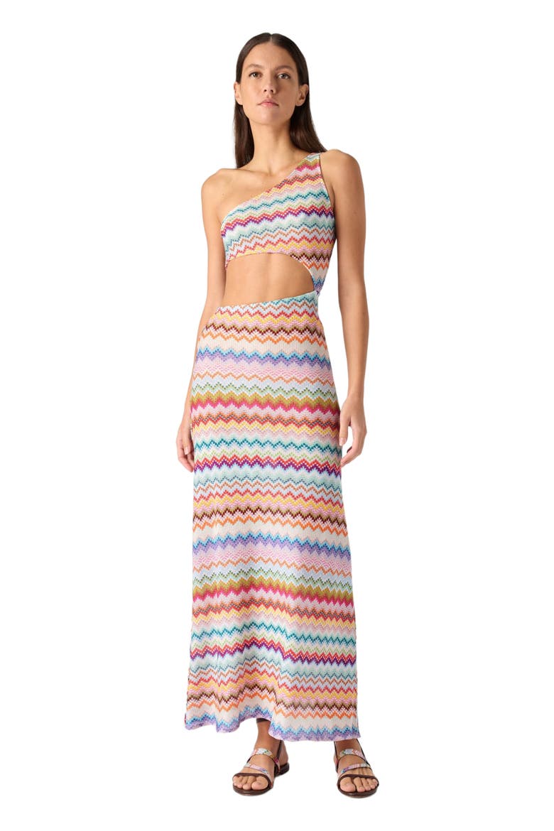 One-shoulder Cover-up In Lamé Viscose With Pixel-effect Zigzag Pattern, Main, color, Multicoloured