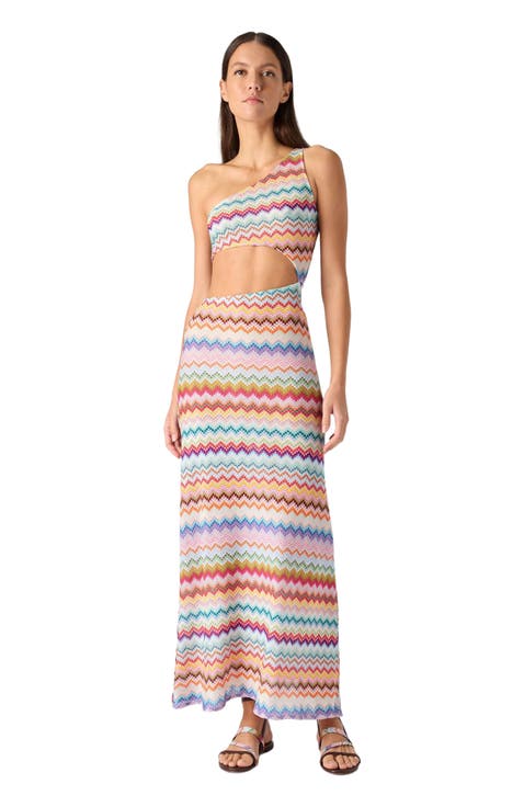 One-shoulder Cover-up In Lamé Viscose With Pixel-effect Zigzag Pattern