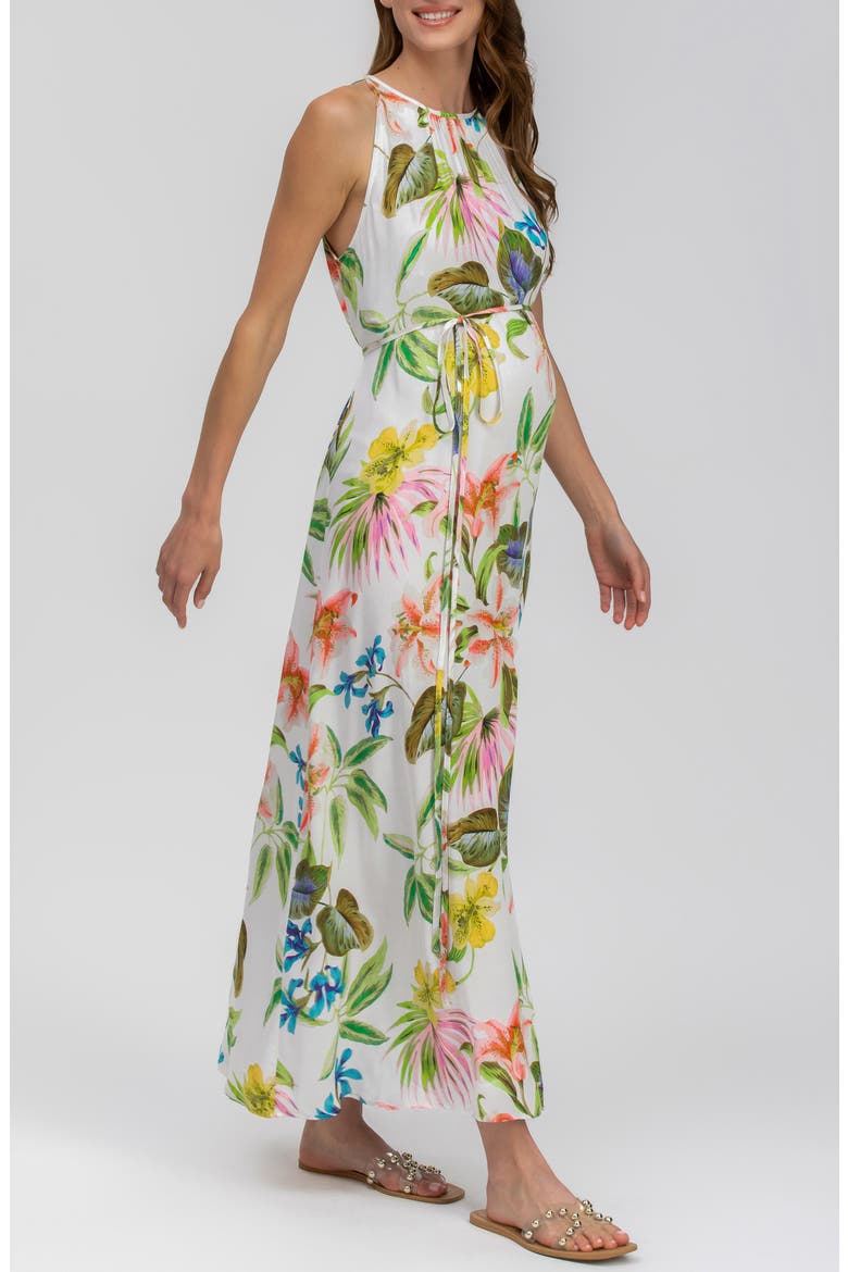 Floral Print Halter Neck Sleeveless Maxi Maternity Dress, Alternate, color, NATURAL
