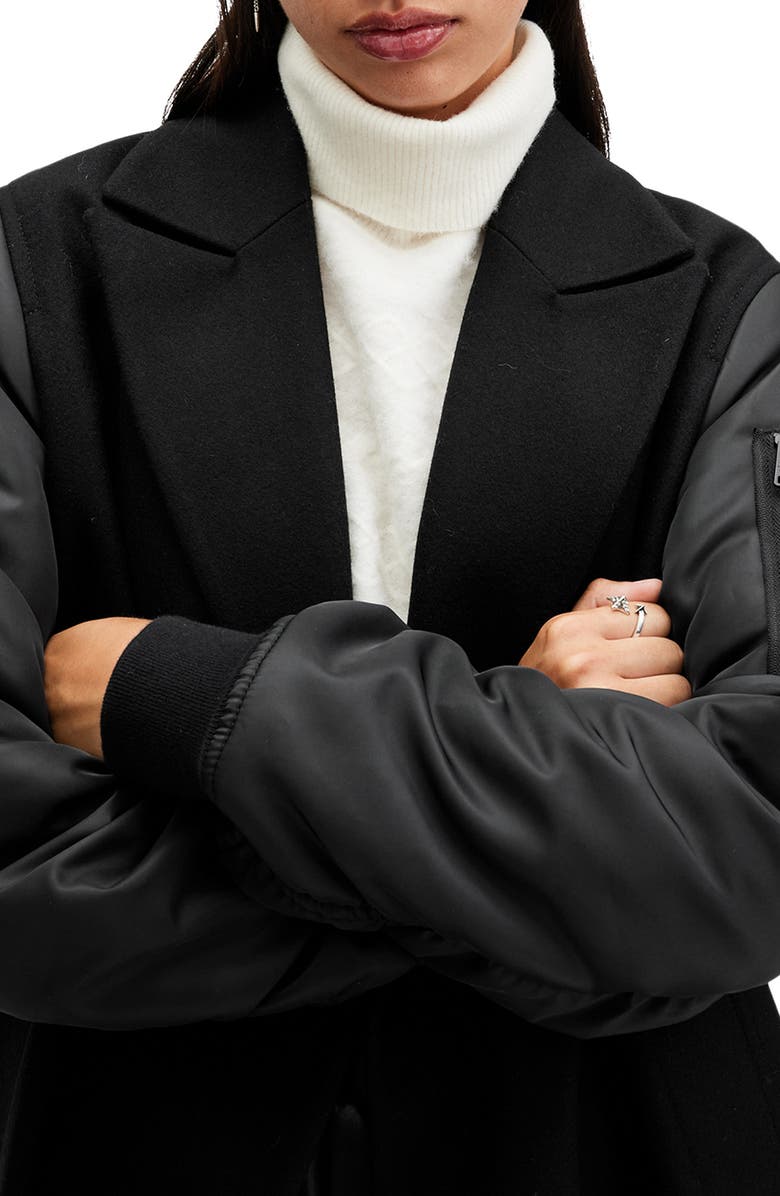 AllSaints Paulah Mixed Media Wool Blend Coat, Alternate, color, Black