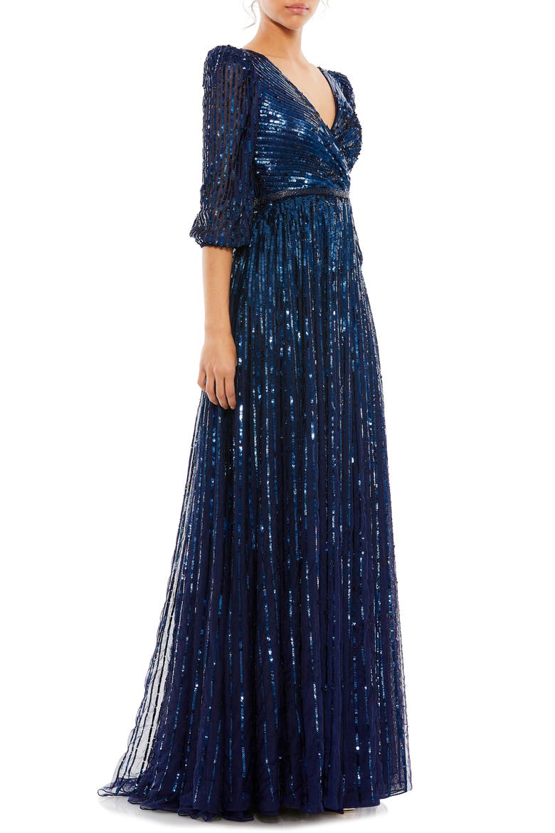 Sequined Wrap Over 3/4 Sleeve Gown, Alternate, color, MIDNIGHT