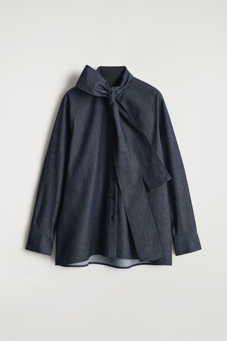 Bow-Detail Denim Shirt, Alternate, color, INDIGO