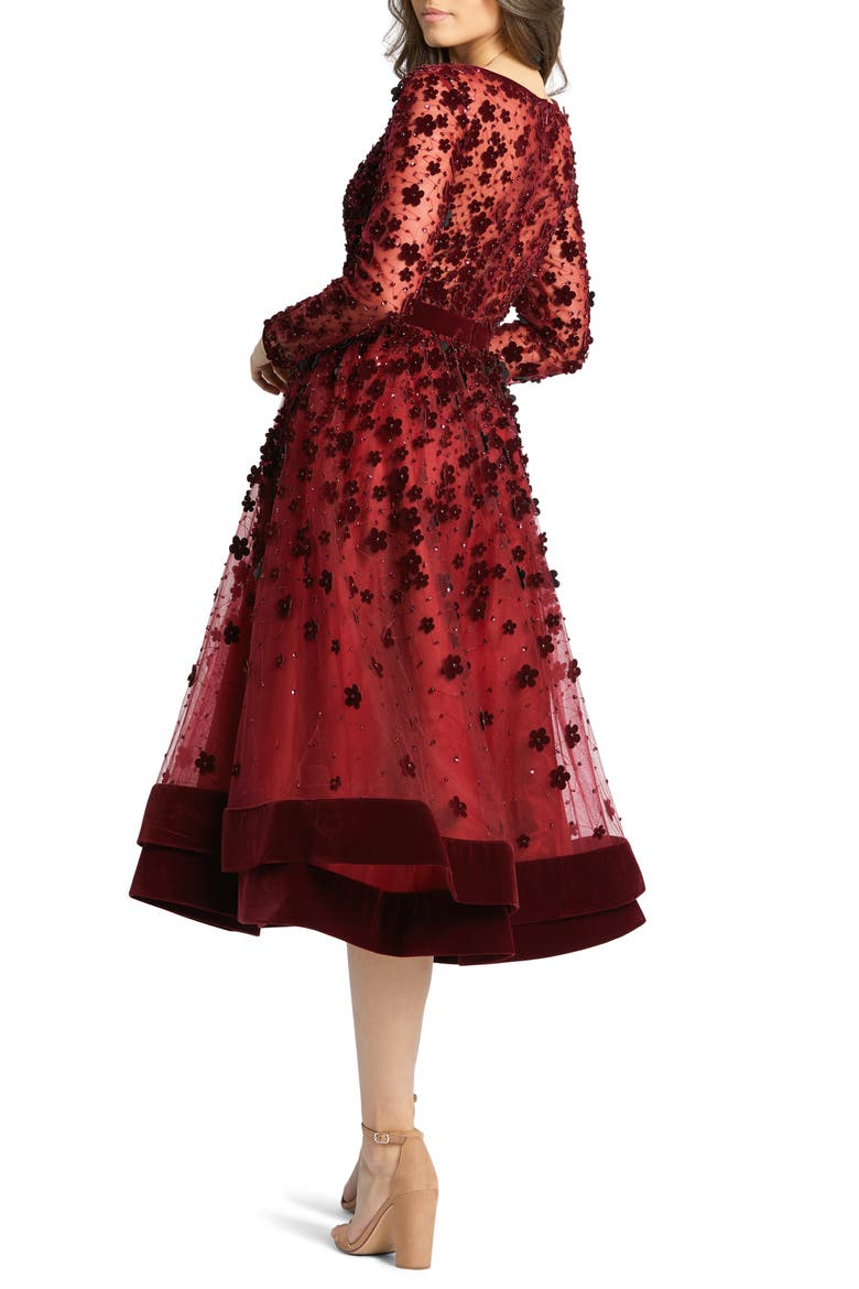 Long Sleeve Fit & Flare Velvet Embellished Cocktail Dress, Alternate, color, BURGUNDY