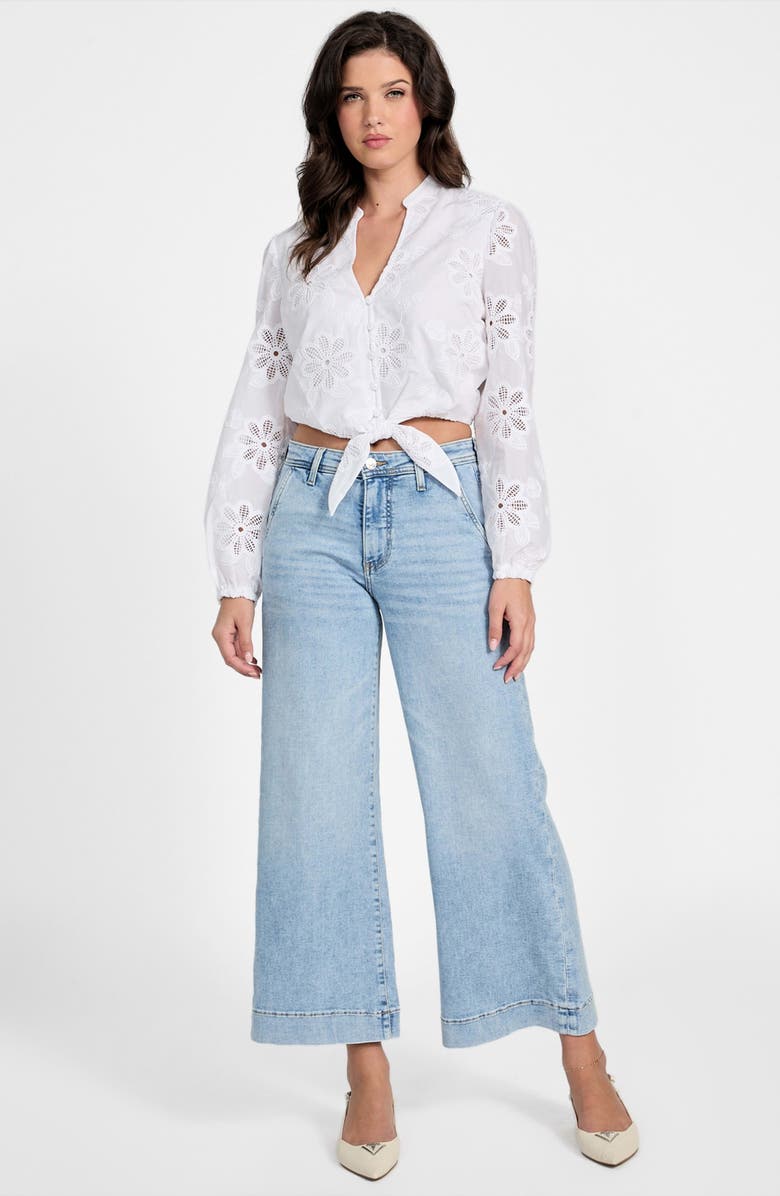 GUESS Hazel Floral Embroidered Long Sleeve Tie Front Top, Alternate, color, Pure White