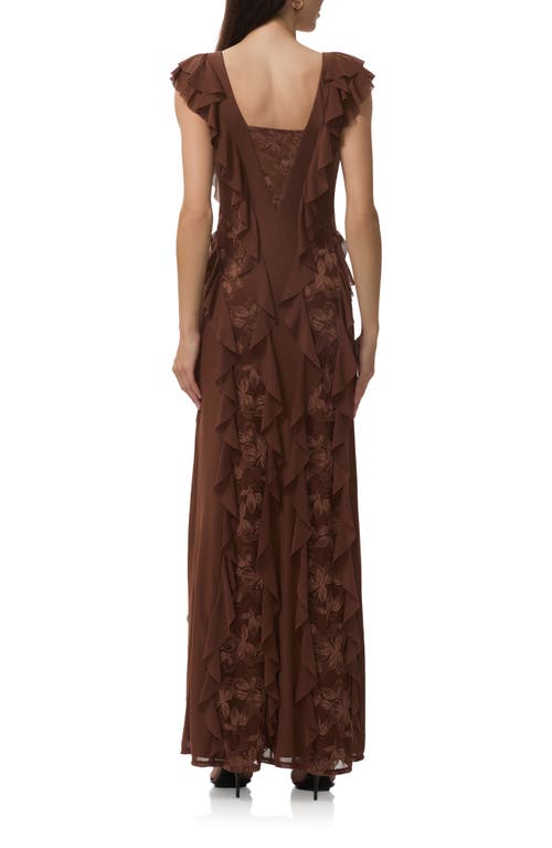 Afrm Trista Lace Insert Ruffle Maxi Dress In Brown