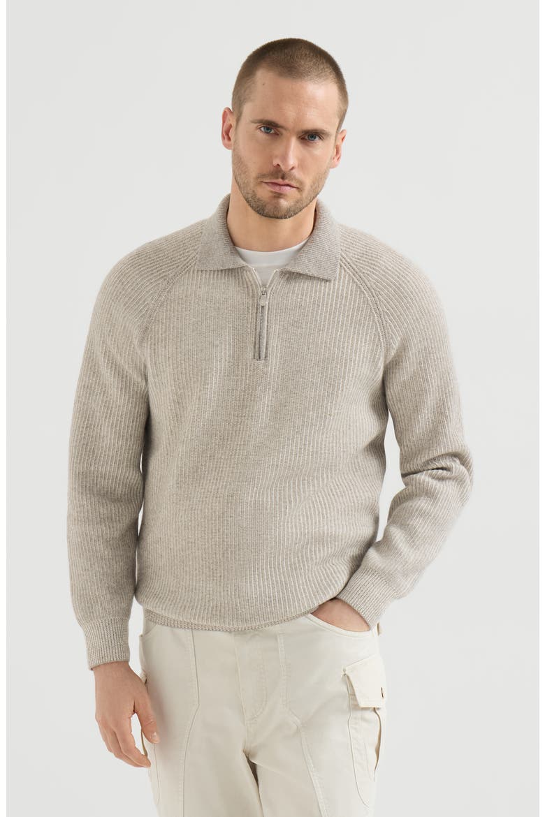 Cashmere vanisé English rib knit polo with half zip, Main, color, Grey