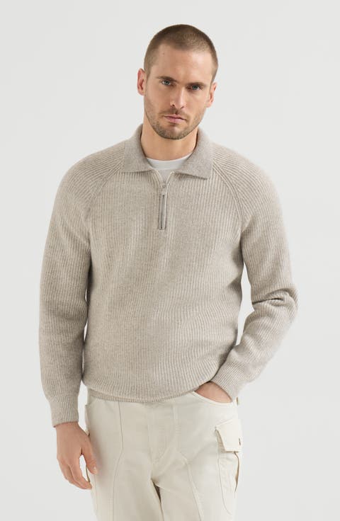 Cashmere vanisé English rib knit polo with half zip