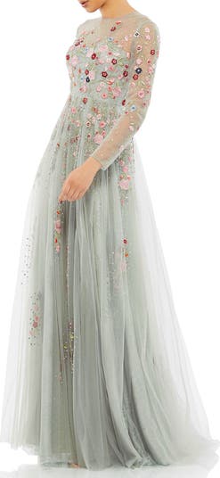 ★セール♪★MAC DUGGAL 装飾イリュージョンAラインドレス★ Mac Duggal Embroidered Illusion High Neck Long Sleeve A Line