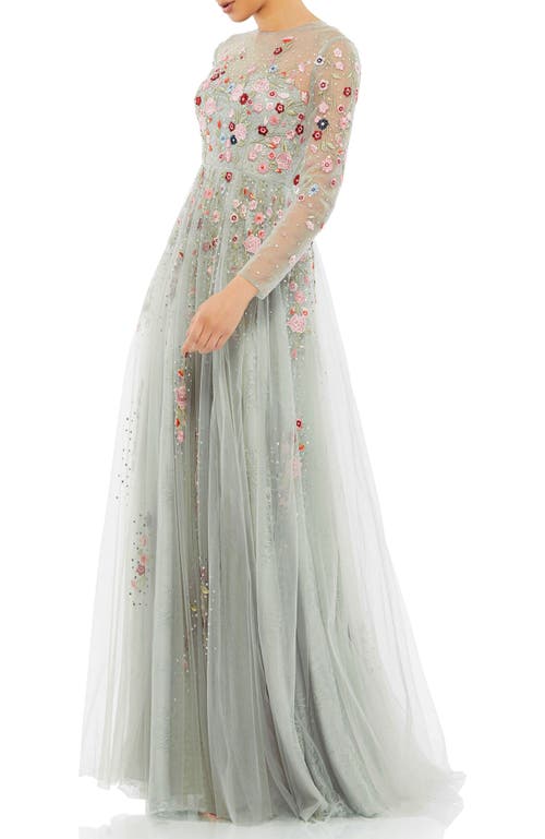Mac Duggal Embroidered Illusion High Neck Long Sleeve A Line Gown In Platinum Multi