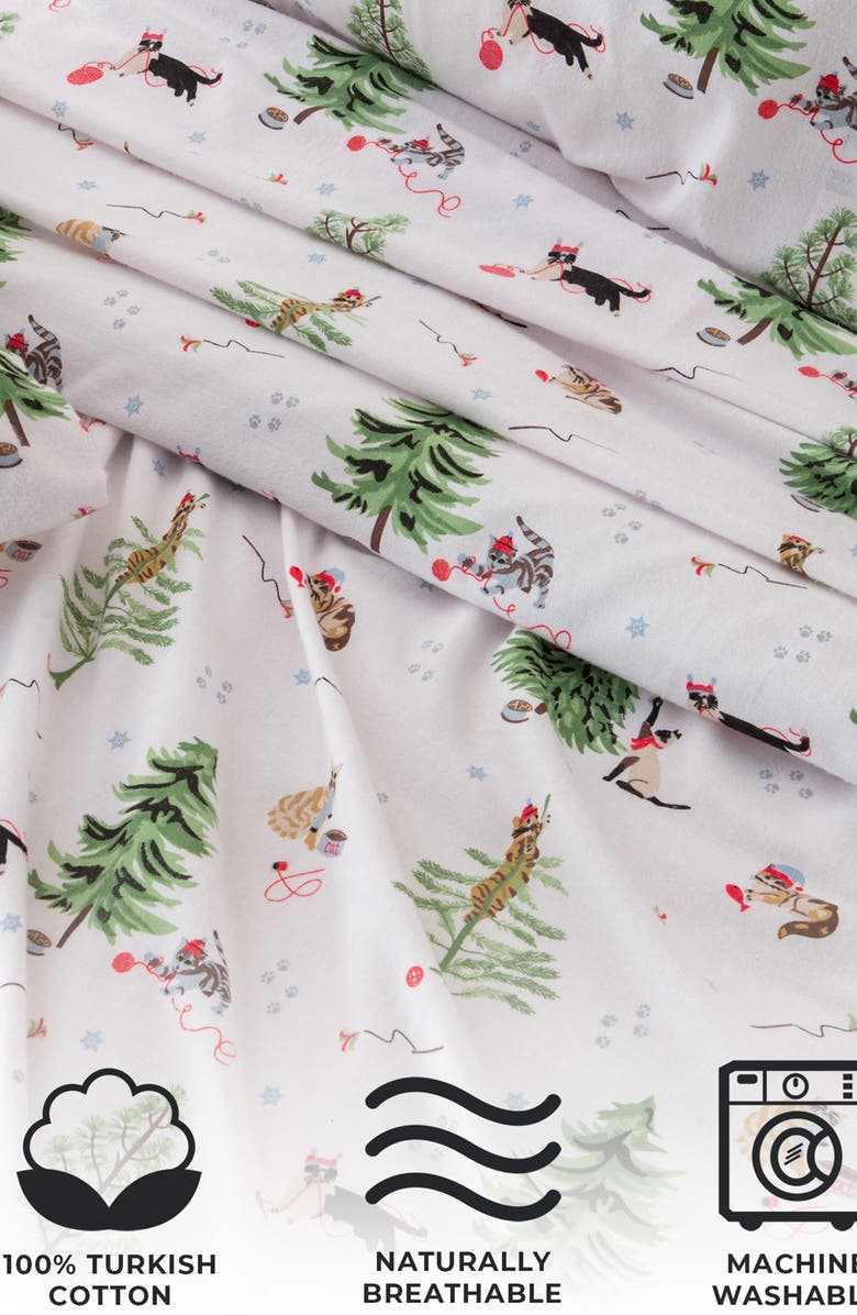 Woven & Weft Turkish Cotton Flannel Holiday Sheet Set, Alternate, color, Winter Cats