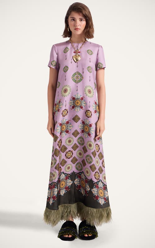 La Doublej Swing Feather-trimmed Printed Silk-twill Maxi Dress In Pink