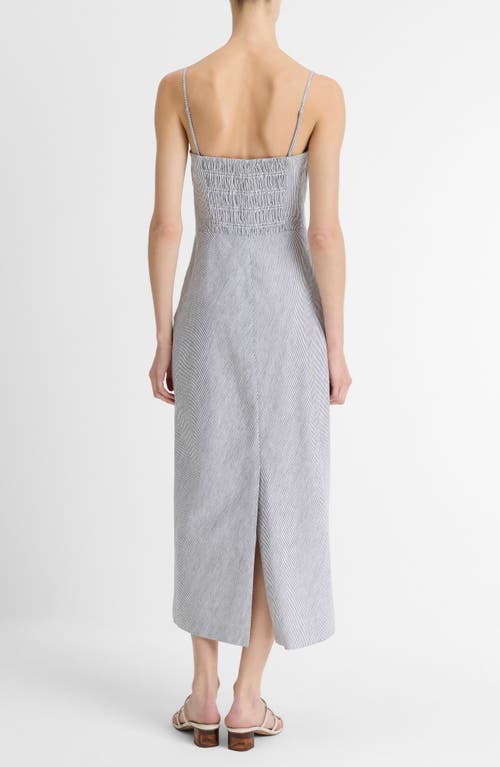 Vince Ticking Stripe Draped Strapless Midi Dress In Iris Slate/off White