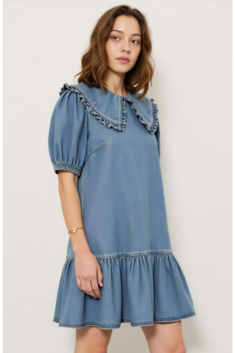 Ruffled Collar Dress with Puff Sleeves and Tiered Hem, Alternate, color, Light Blue