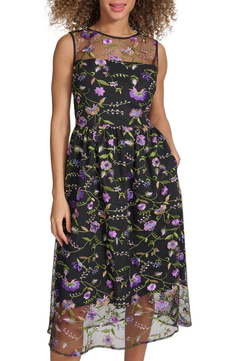 Kensie Embroidered Mesh Cocktail Midi Dress, Alternate, color,