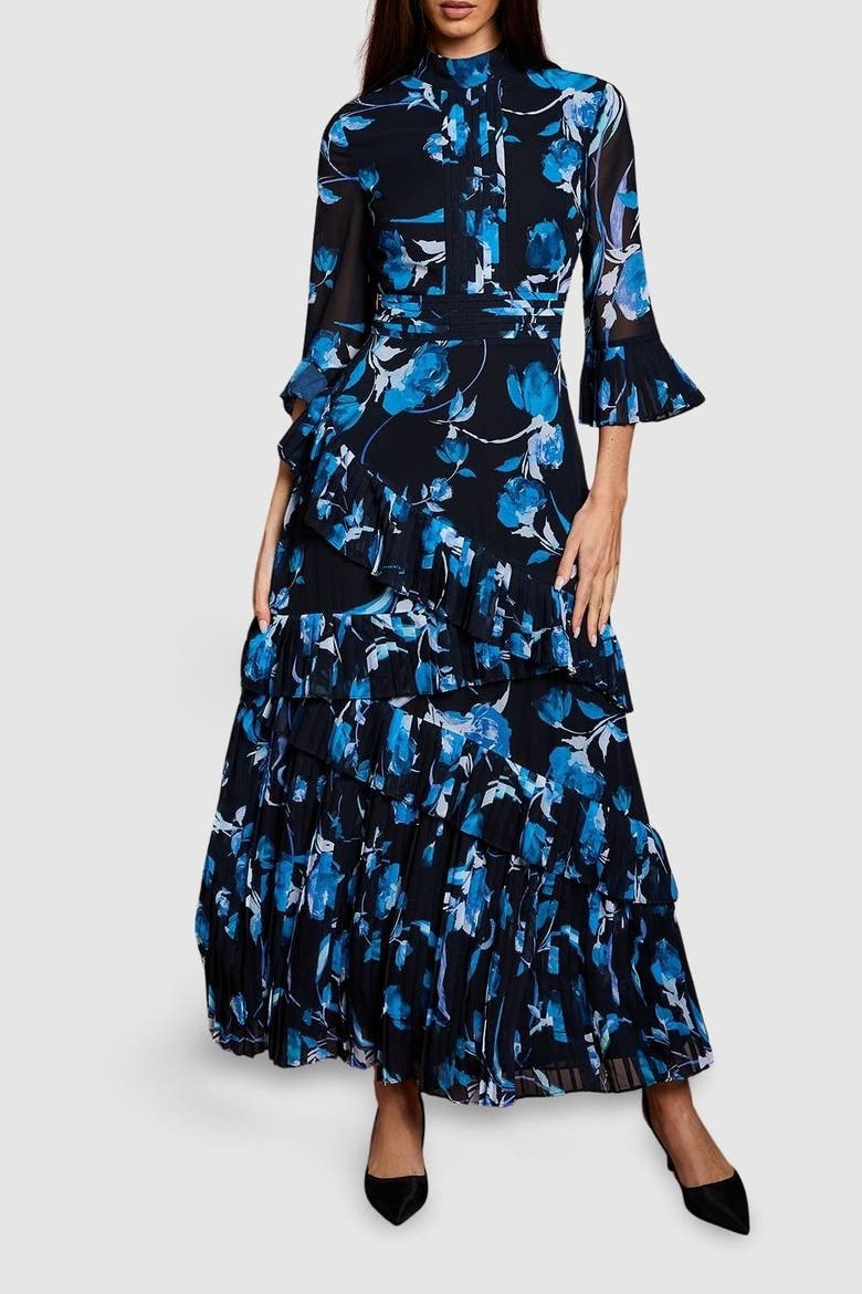 Pleated Frill Chiffon Maxi Dress, Alternate, color, Navy