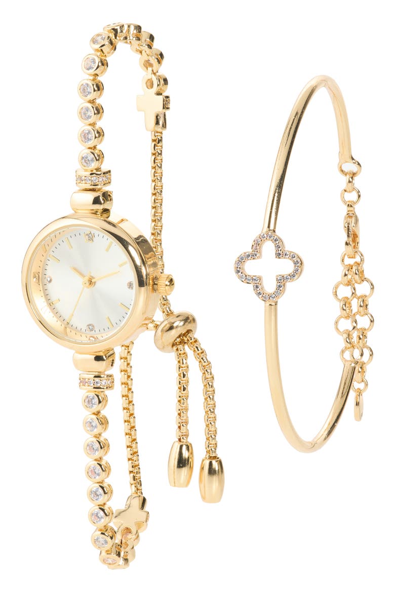 Bracelet Watch & Clover Bangle Bracelet Set, Main, color, GOLD
