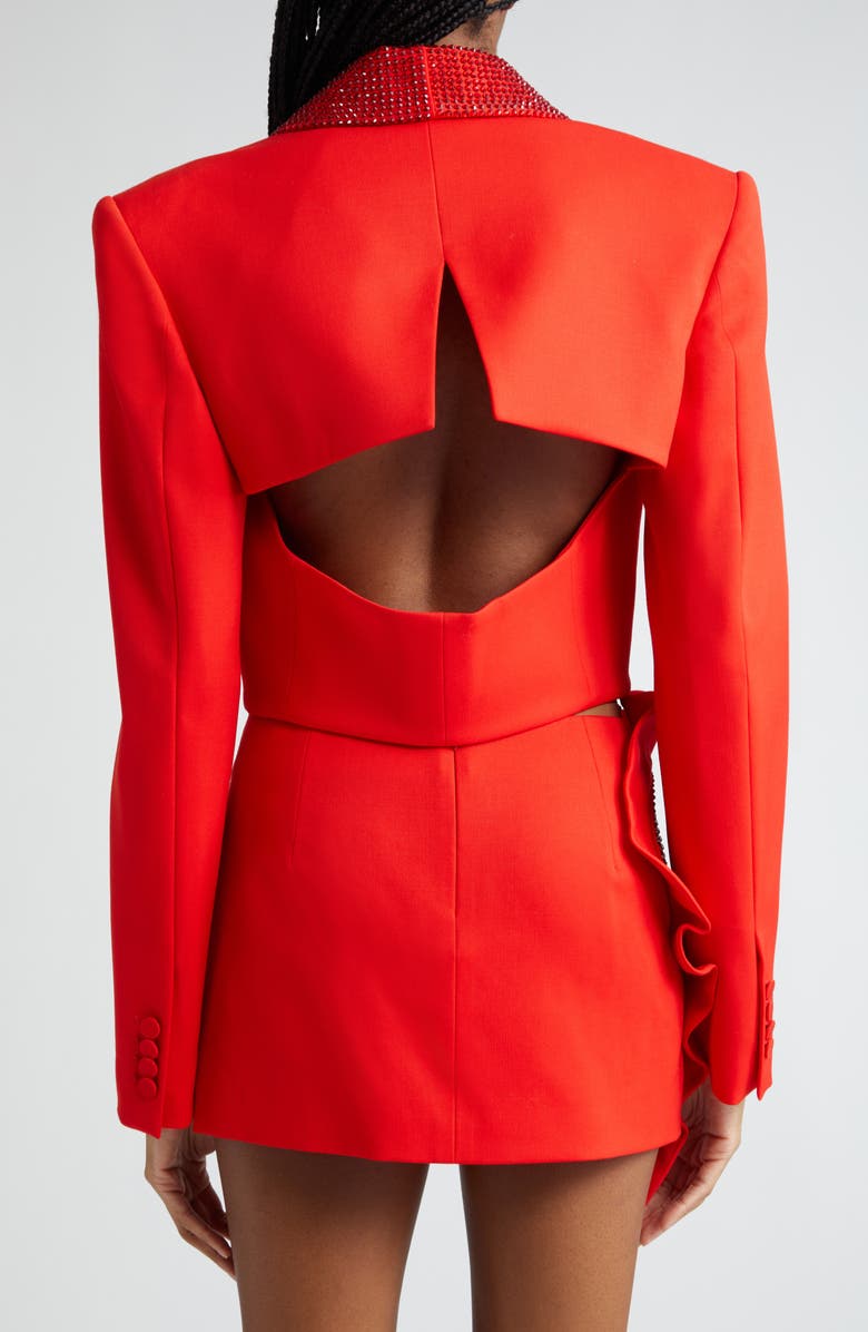 Area Crystal Embellished Cutout Crop Stretch Wool Tuxedo Jacket, Alternate, color,