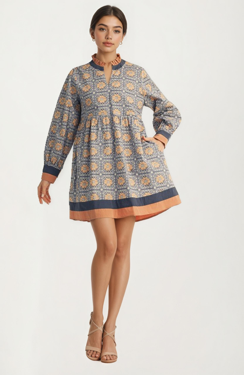 Knit and Lounge Geo Floral Print Long Sleeve Mini Dress with Contrast Trim, Alternate, color, 