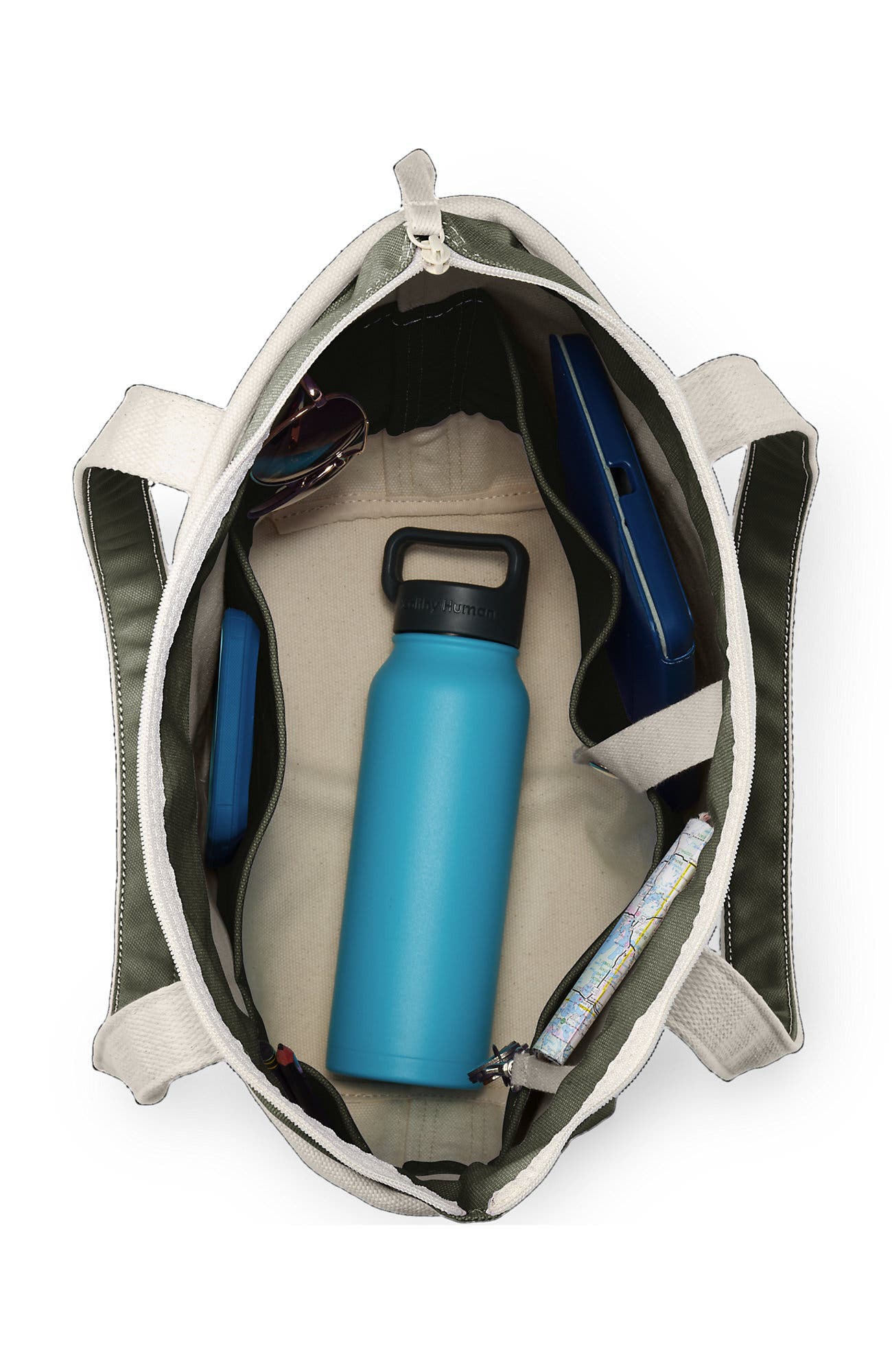 Lands' End Zip Top Long Handle Canvas Tote Bag, Alternate, color, Natural/Dark Olive Green