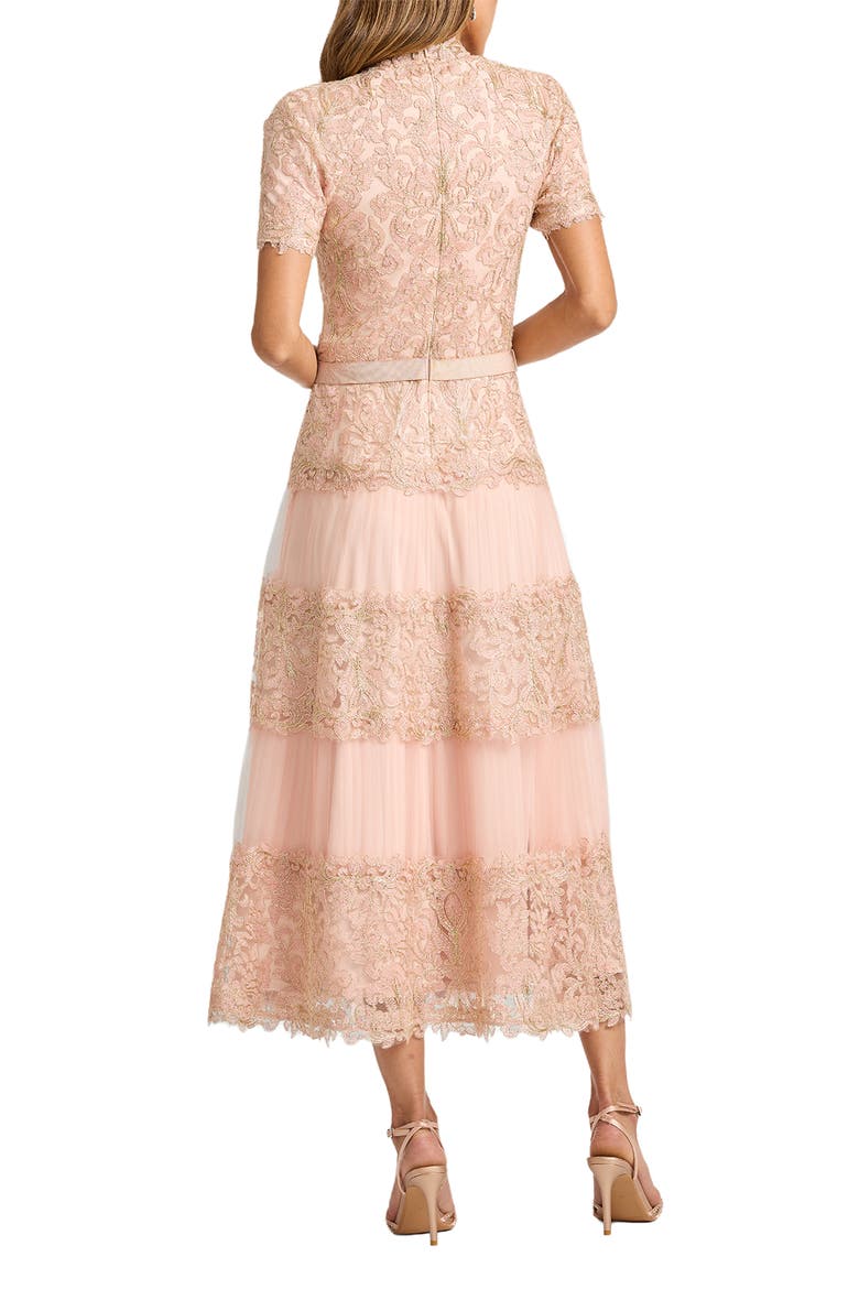 Lace & Mesh Midi Cocktail Dress, Alternate, color, PETAL/ GOLD