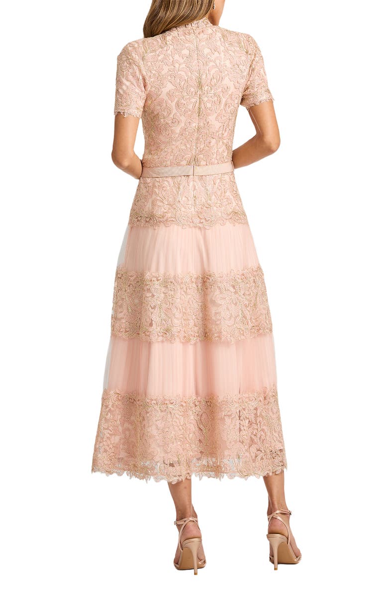 Tadashi Shoji Lace & Mesh Midi Cocktail Dress, Alternate, color, Petal/ Gold