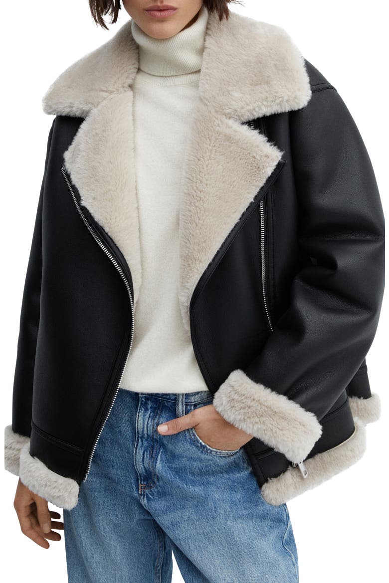 Faux Shearling & Faux Leather Moto Jacket, Main, color, BLACK