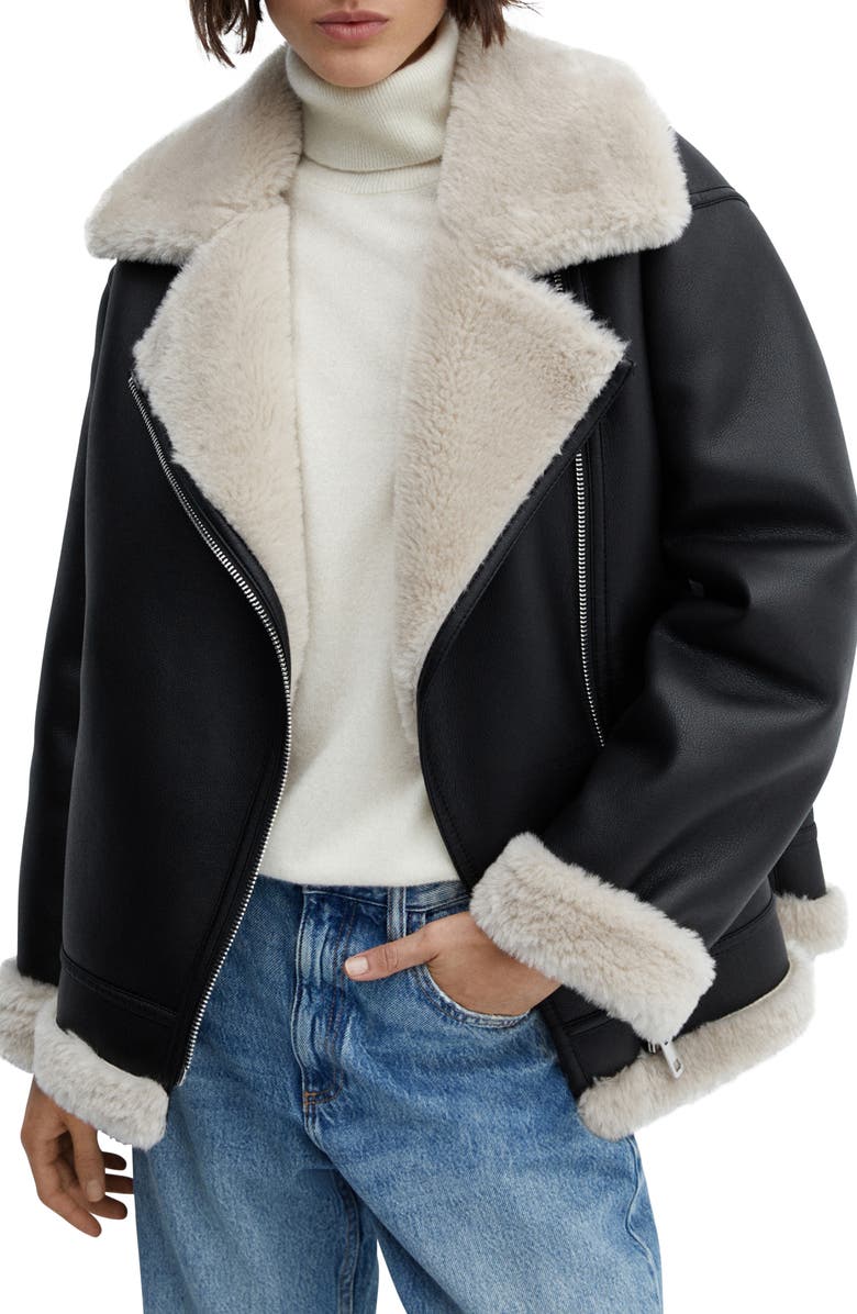 MANGO Faux Shearling & Faux Leather Moto Jacket, Main, color, 