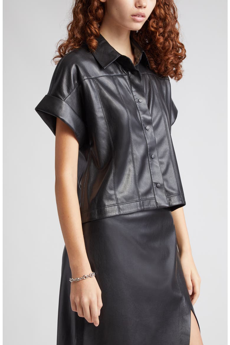 Edyth Faux Leather Snap-Up Shirt, Alternate, color, BLACK