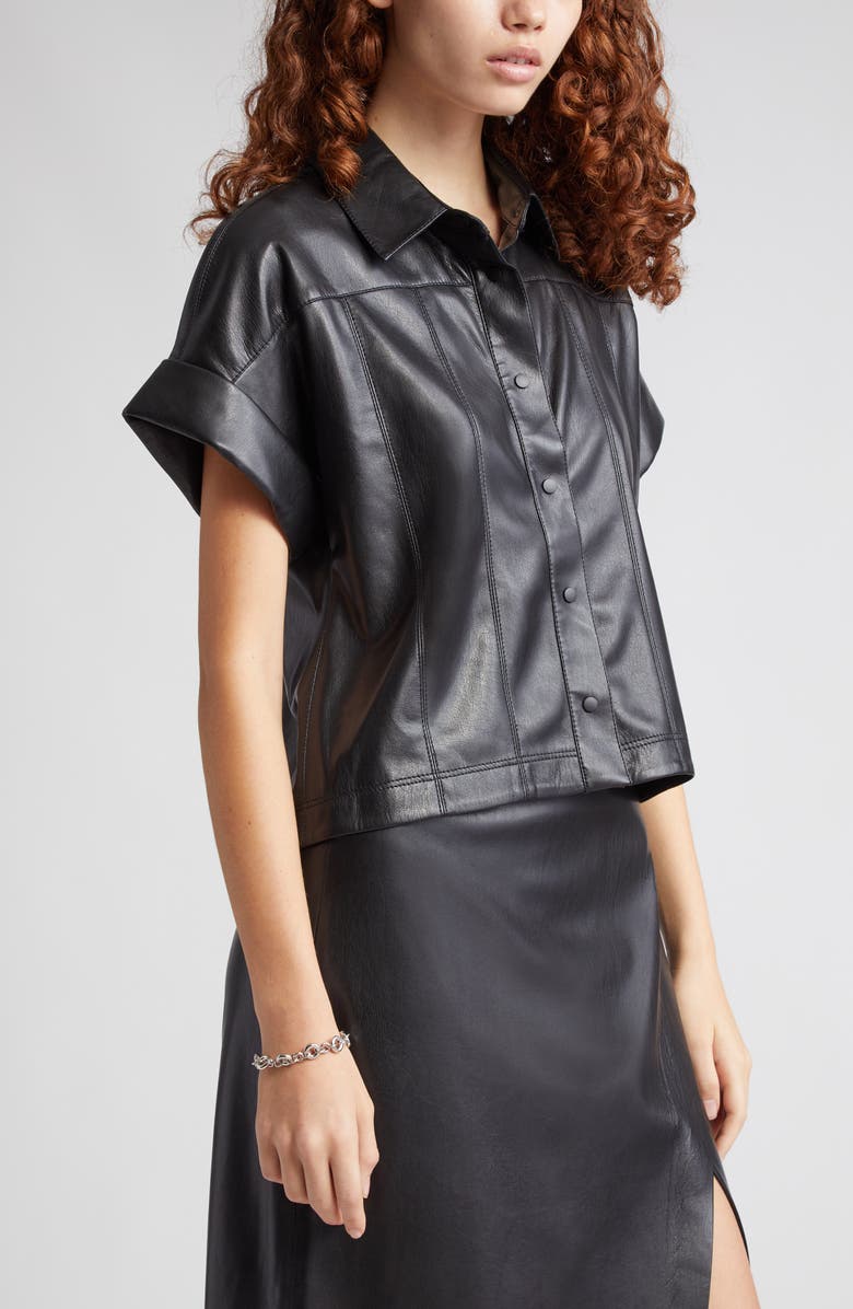 Alice + Olivia Edyth Faux Leather Snap-Up Shirt, Alternate, color, 