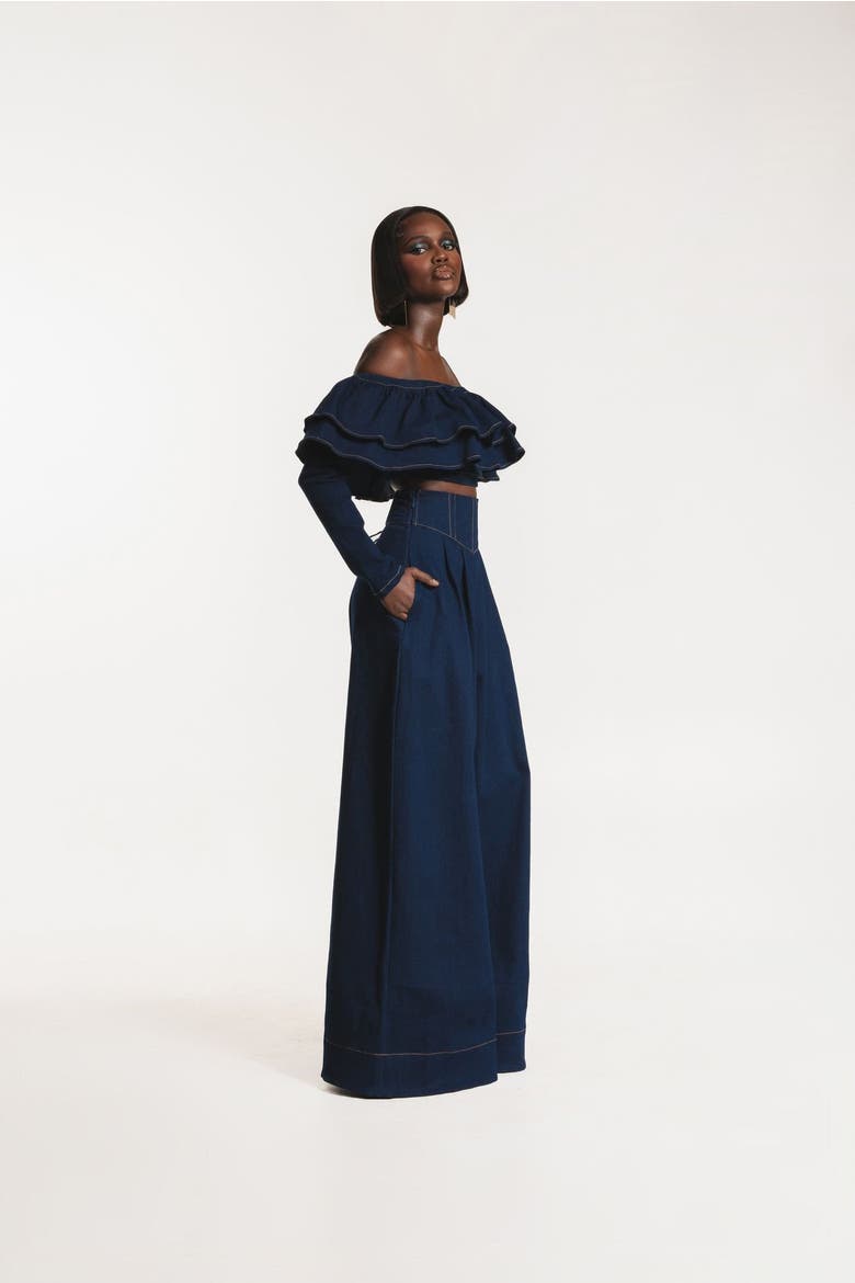 Denim Dija Ruffle Crop Top, Alternate, color, Blue