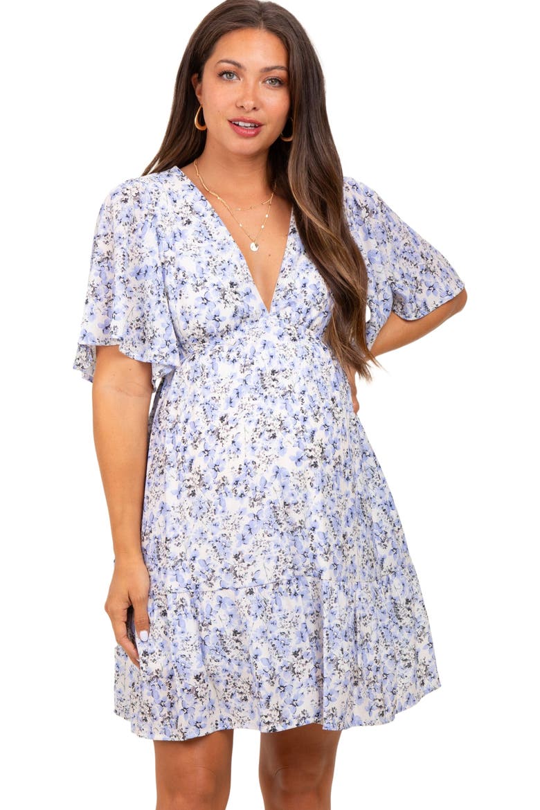 Floral V-Neck Flutter Sleeve Mini Dress, Alternate, color, Periwinkle