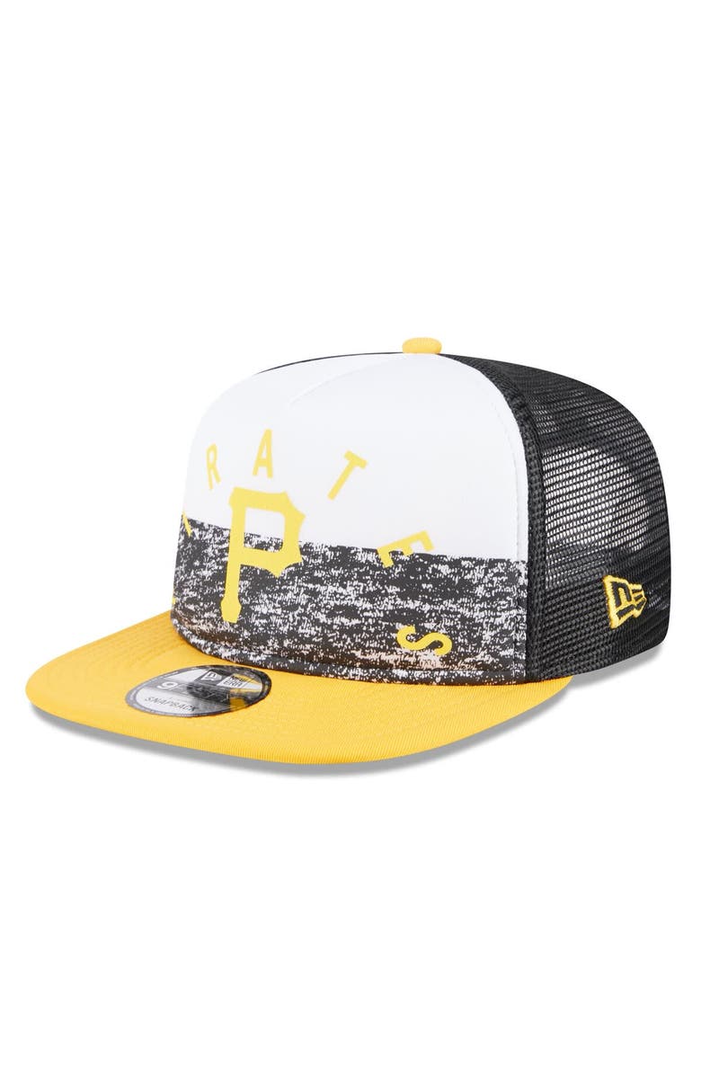 New Era Men's New Era White/Gold Pittsburgh Pirates Team Foam Front A-Frame Trucker 9FIFTY Snapback Hat, Main, color, White