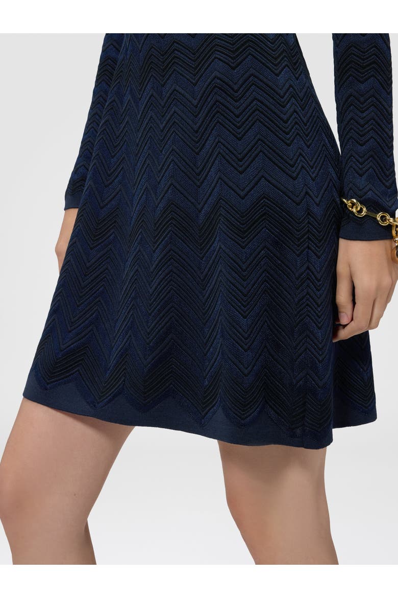 Zig Zag Viscose And Wool Crewneck Dress, Alternate, color, Navy Blue