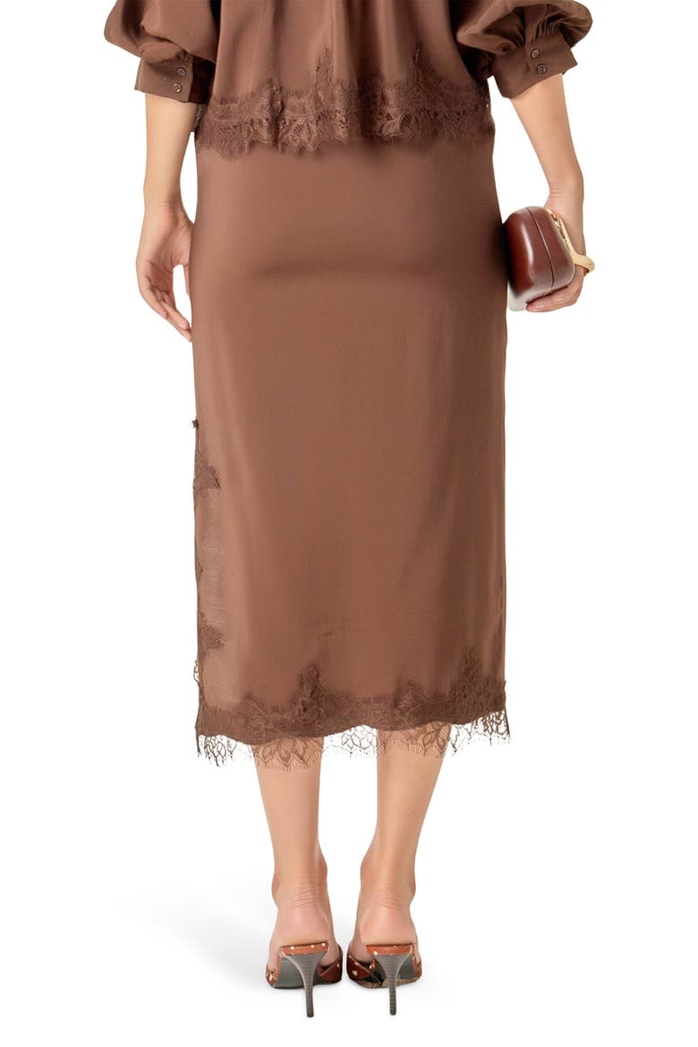 Lace Trim Satin Midi Skirt, Main, color, BROWN