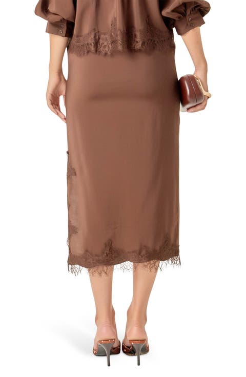 Lace Trim Satin Midi Skirt