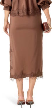 English Factory Lace Trim Satin Midi Skirt