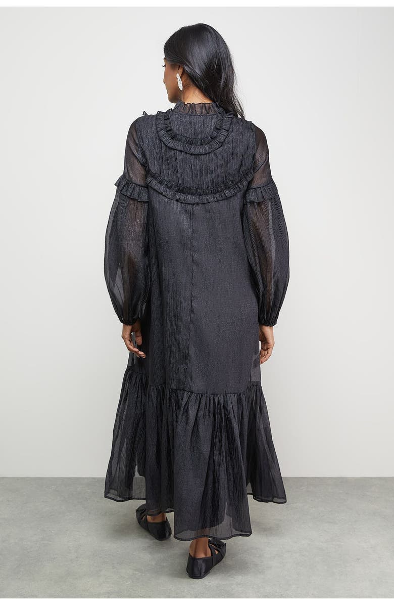 Warehouse Crinkle Stripe Frill Midi Dress, Alternate, color, Black