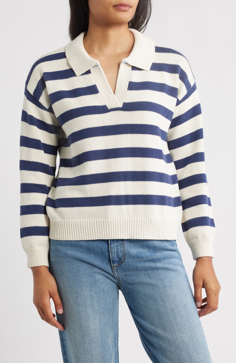 Hatley Stripe Johnny Collar Sweater, Main, color, Navy